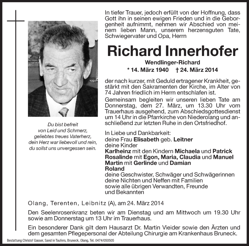  Traueranzeige für Richard Innerhofer vom 25.03.2014 aus Dolomiten