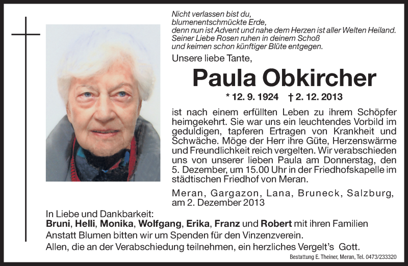  Traueranzeige für Paula Obkircher vom 03.12.2013 aus Dolomiten