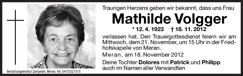  Traueranzeige für Mathilde Volgger vom 20.11.2012 aus Dolomiten