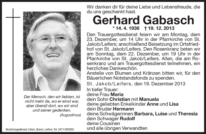  Traueranzeige für Gerhard Gabasch vom 21.12.2013 aus Dolomiten