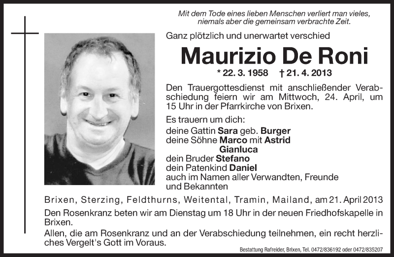  Traueranzeige für Maurizio De Roni vom 23.04.2013 aus Dolomiten