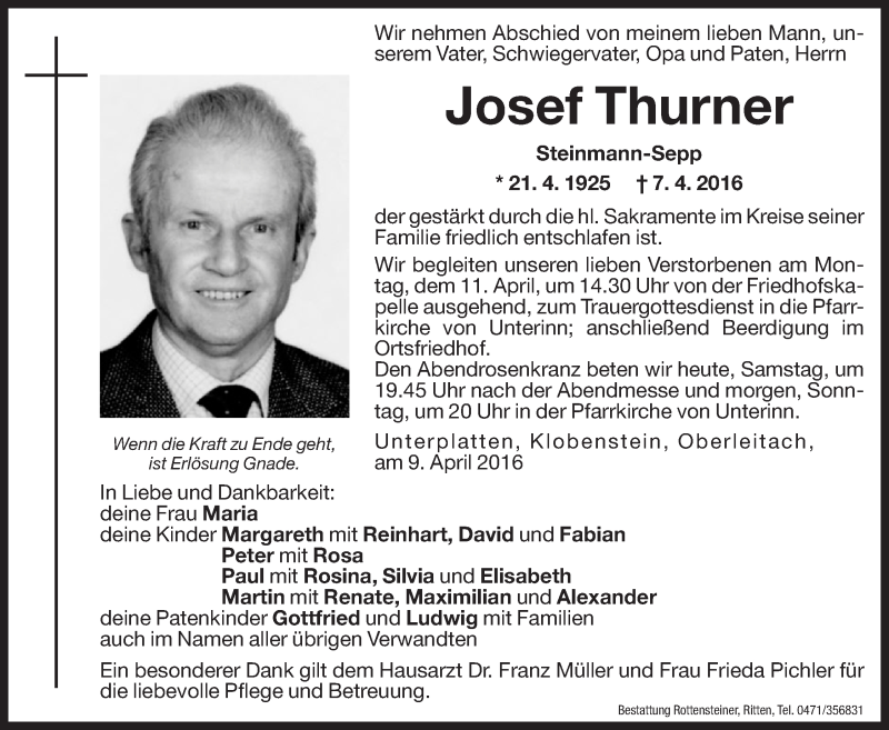  Traueranzeige für Josef Thurner vom 09.04.2016 aus Dolomiten