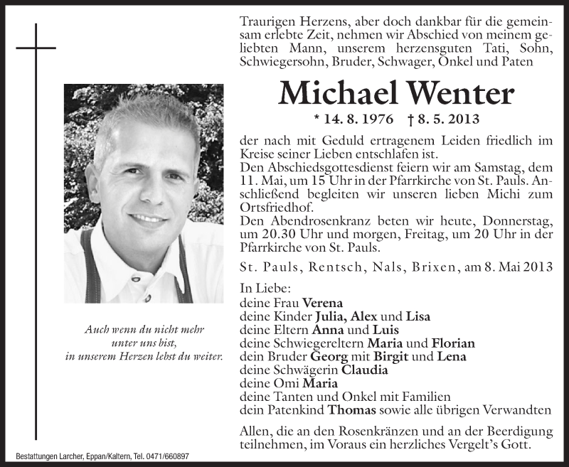  Traueranzeige für Michael Wenter vom 09.05.2013 aus Dolomiten