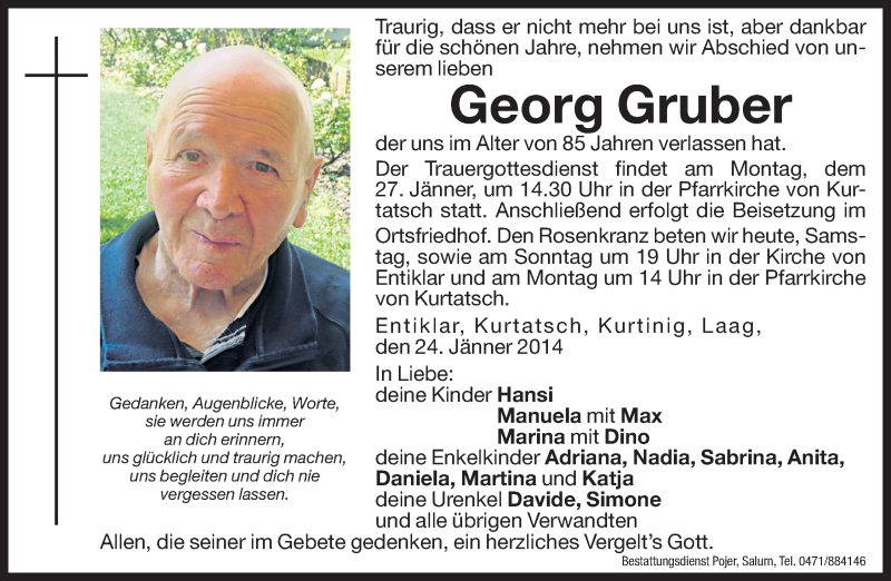  Traueranzeige für Georg Gruber vom 25.01.2014 aus Dolomiten