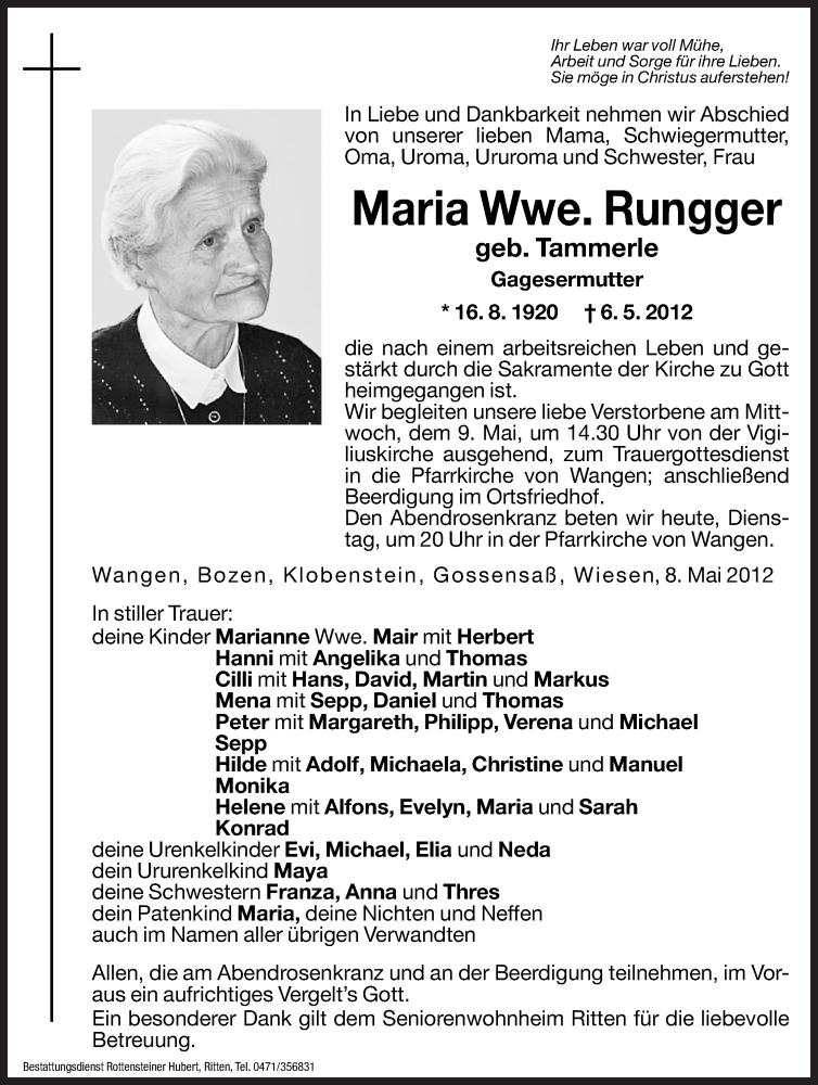 Traueranzeige für Maria Rungger vom 08.05.2012 aus Dolomiten