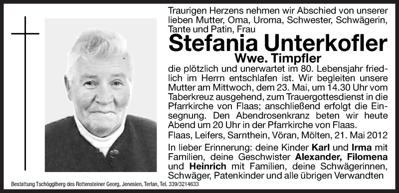  Traueranzeige für Stefania Timpfler vom 22.05.2012 aus Dolomiten