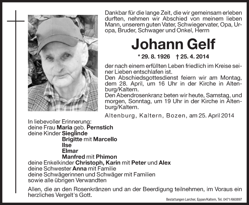  Traueranzeige für Johann Gelf vom 26.04.2014 aus Dolomiten