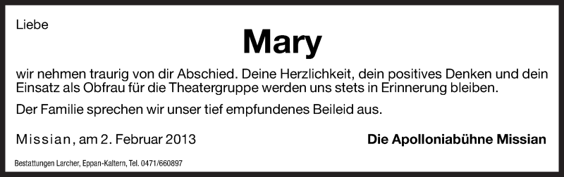  Traueranzeige für Mary  vom 04.02.2013 aus Dolomiten