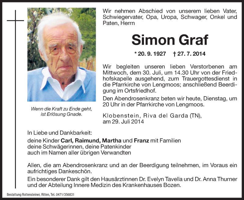  Traueranzeige für Simon Graf vom 29.07.2014 aus Dolomiten