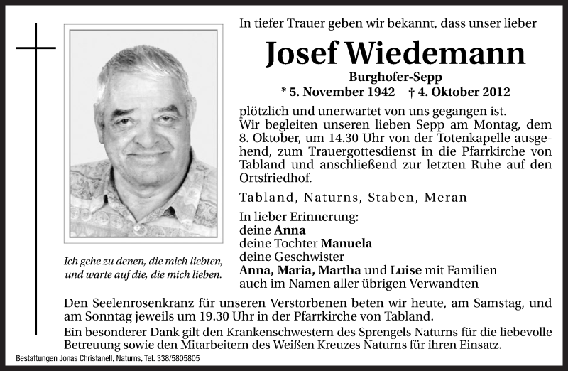  Traueranzeige für Josef Wiedemann vom 06.10.2012 aus Dolomiten