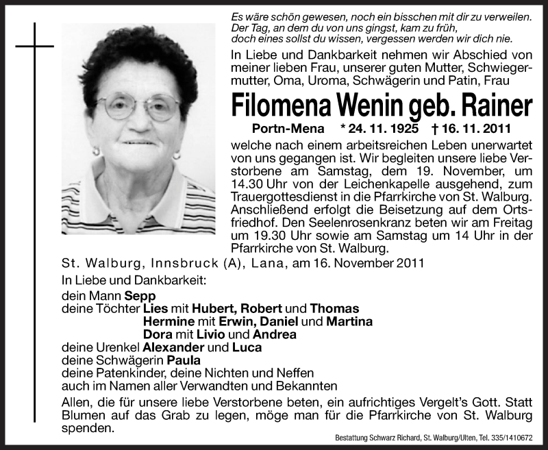  Traueranzeige für Filomena Wenin vom 18.11.2011 aus Dolomiten