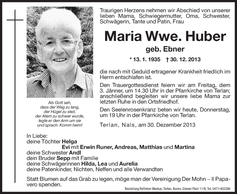  Traueranzeige für Maria Huber vom 02.01.2014 aus Dolomiten