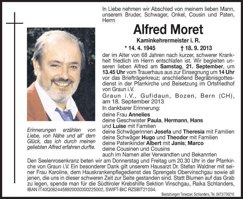  Traueranzeige für Alfred Moret vom 19.09.2013 aus Dolomiten