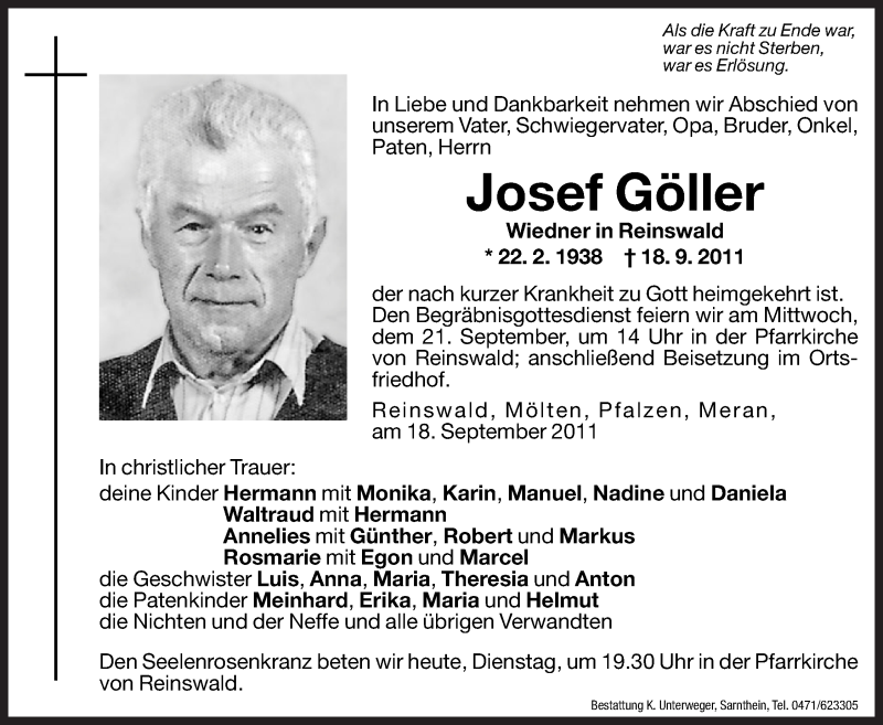  Traueranzeige für Josef Göller vom 20.09.2011 aus Dolomiten