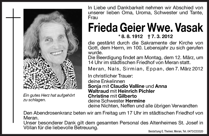  Traueranzeige für Frieda Vasak vom 09.03.2012 aus Dolomiten