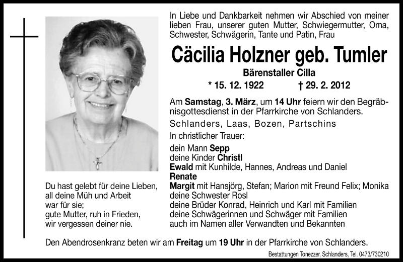  Traueranzeige für Cäcilia Holzner vom 02.03.2012 aus Dolomiten