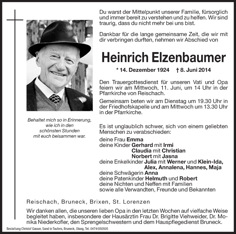  Traueranzeige für Heinrich Elzenbaumer vom 10.06.2014 aus Dolomiten