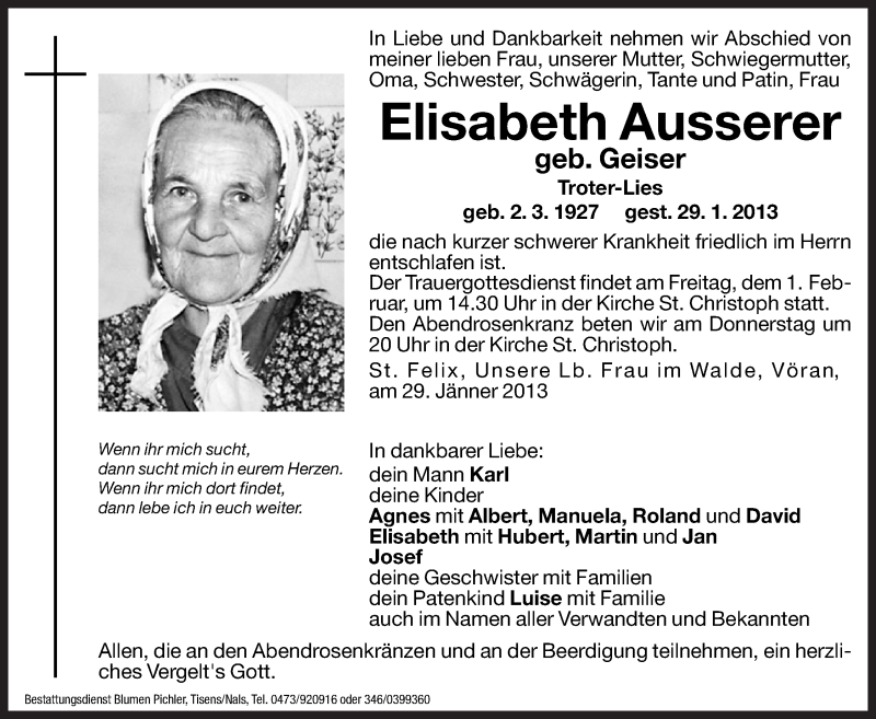  Traueranzeige für Elisabeth Ausserer vom 31.01.2013 aus Dolomiten