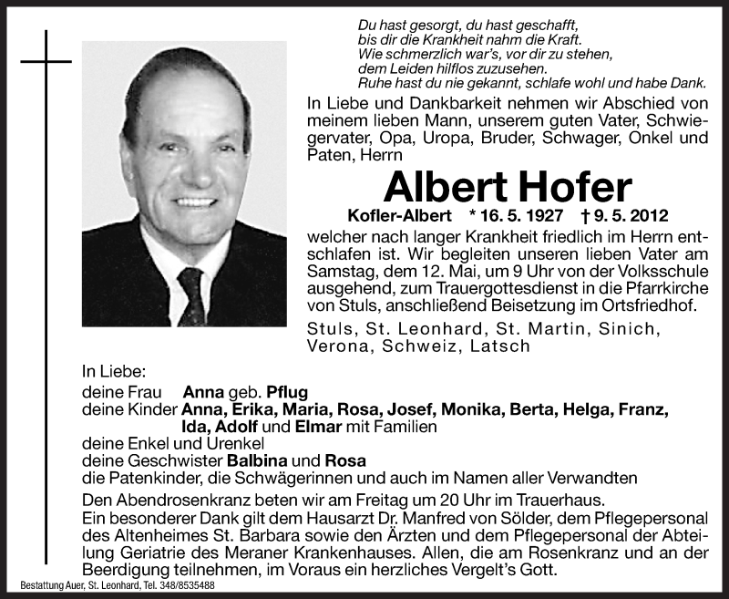  Traueranzeige für Albert Hofer vom 11.05.2012 aus Dolomiten