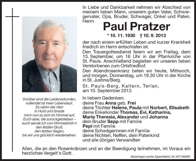  Traueranzeige für Paul Pratzer vom 11.09.2013 aus Dolomiten