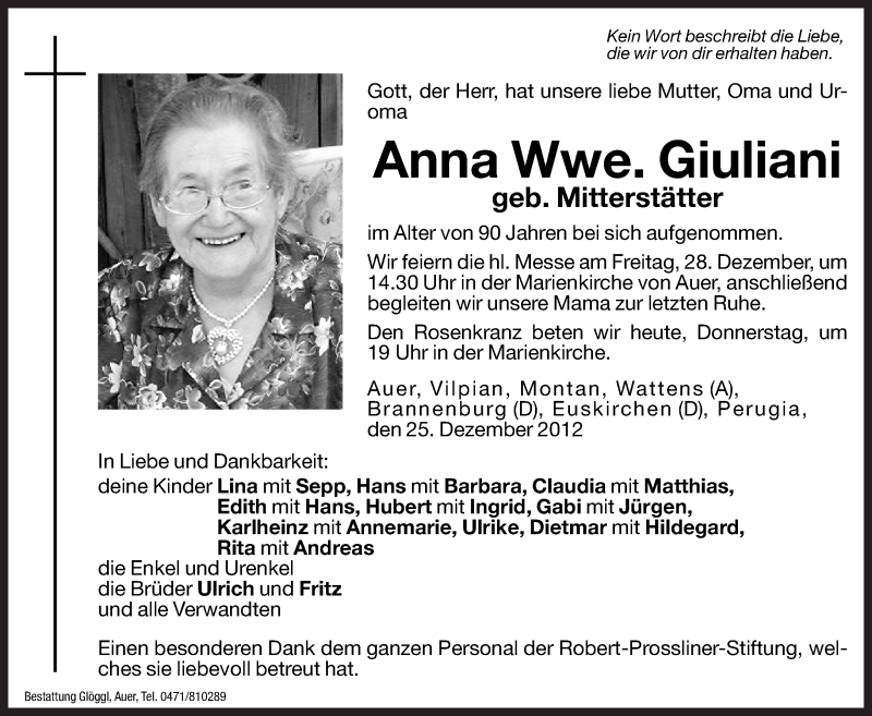  Traueranzeige für Anna Giuliani vom 27.12.2012 aus Dolomiten