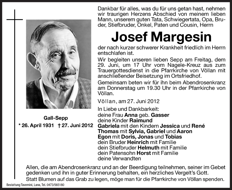  Traueranzeige für Josef Margesin vom 28.06.2012 aus Dolomiten