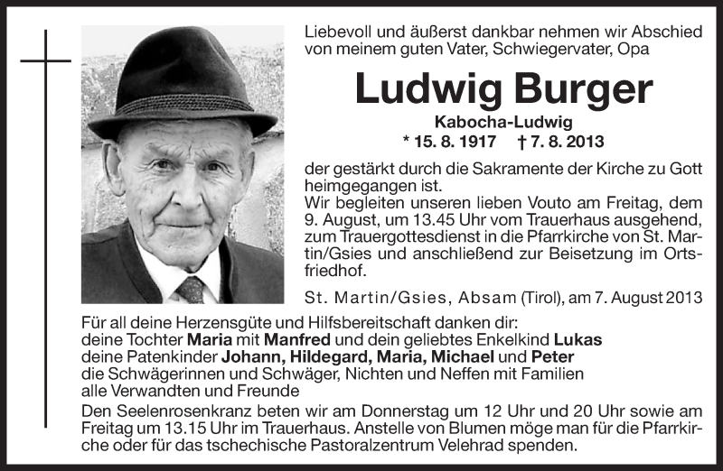  Traueranzeige für Ludwig Burger vom 08.08.2013 aus Dolomiten