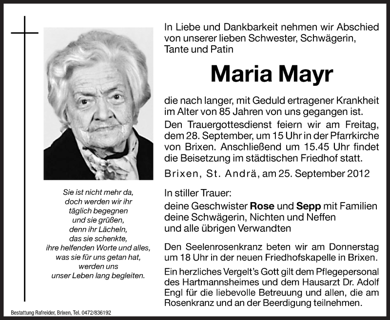  Traueranzeige für Maria Mayr vom 27.09.2012 aus Dolomiten