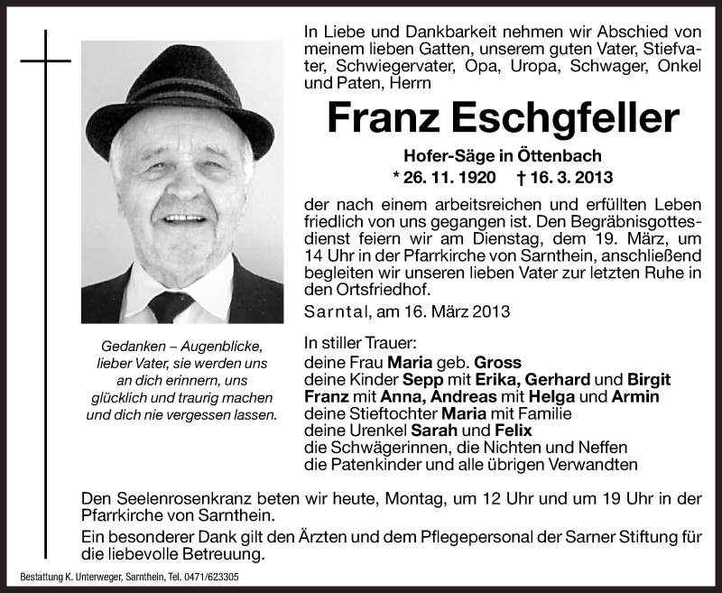  Traueranzeige für Franz Eschgfeller vom 18.03.2013 aus Dolomiten