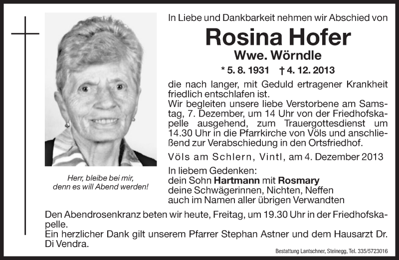  Traueranzeige für Rosina Wörndle vom 06.12.2013 aus Dolomiten