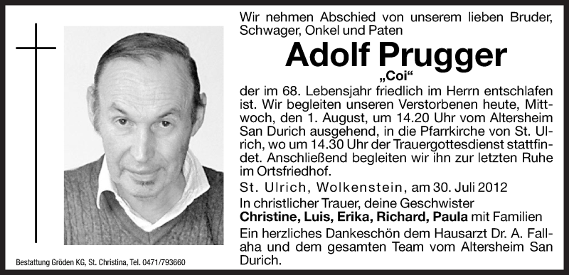  Traueranzeige für Adolf Prugger vom 01.08.2012 aus Dolomiten