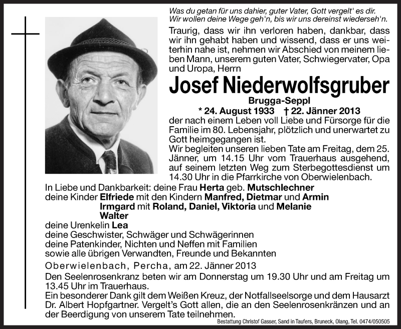  Traueranzeige für Josef Niederwolfsgruber vom 24.01.2013 aus Dolomiten