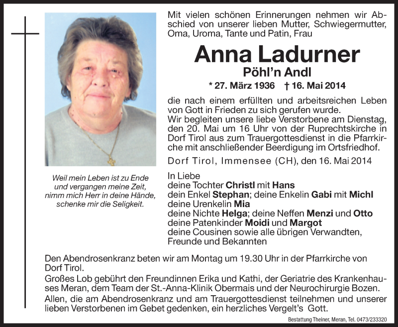  Traueranzeige für Anna Ladurner vom 17.05.2014 aus Dolomiten