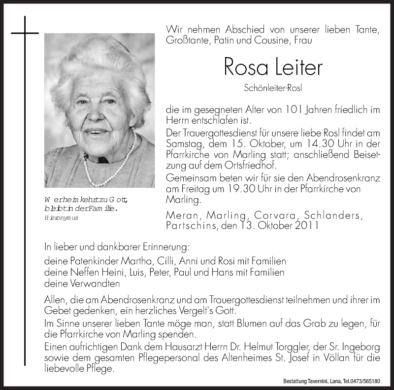  Traueranzeige für Rosa Leiter vom 14.10.2011 aus Dolomiten