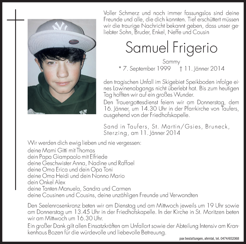  Traueranzeige für Samuel Frigerio vom 14.01.2014 aus Dolomiten