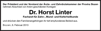 Traueranzeige von Horst (Miro) Linter von Dolomiten