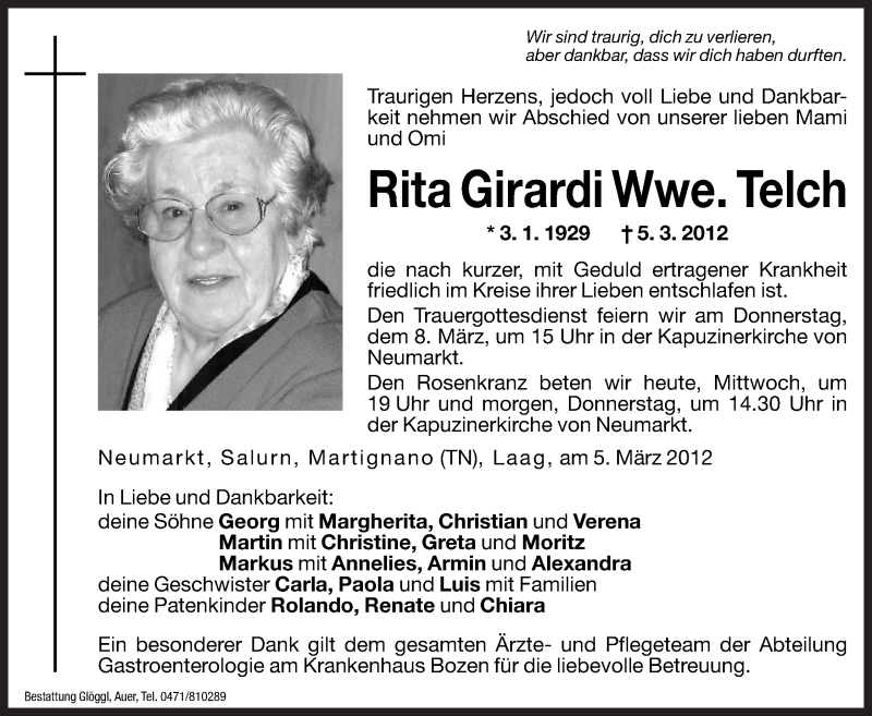  Traueranzeige für Rita Telch vom 07.03.2012 aus Dolomiten