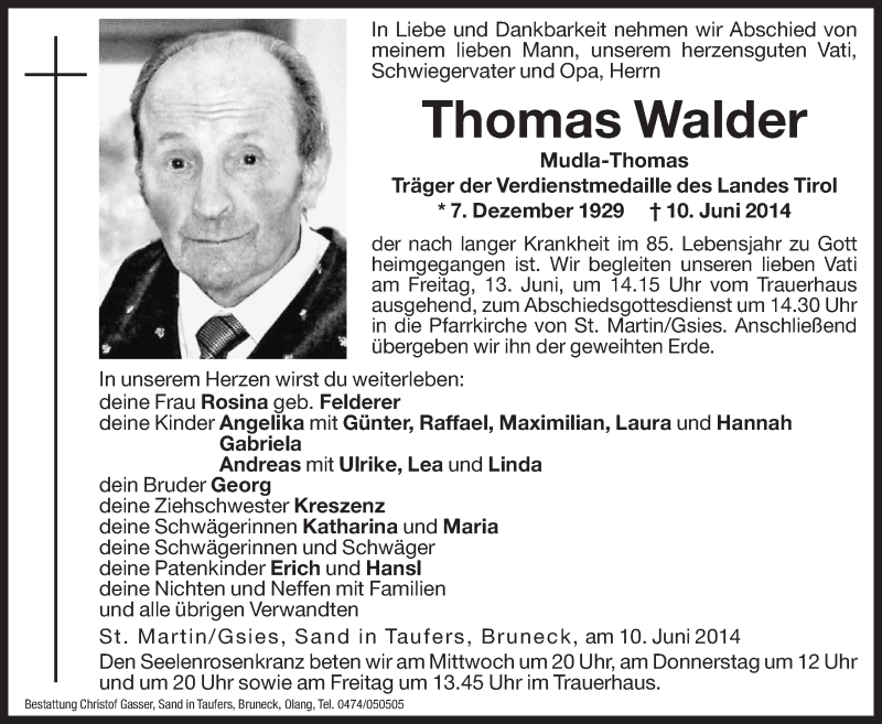  Traueranzeige für Thomas Walder vom 11.06.2014 aus Dolomiten