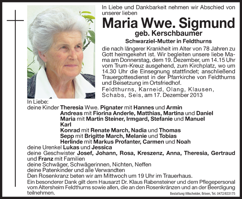  Traueranzeige für Maria Sigmund vom 18.12.2013 aus Dolomiten