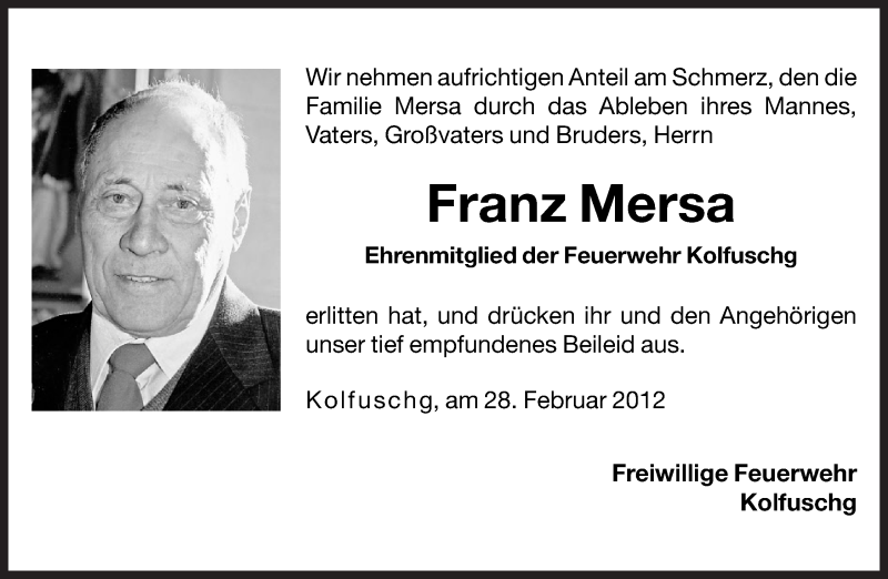  Traueranzeige für Franz Mersa vom 01.03.2012 aus Dolomiten