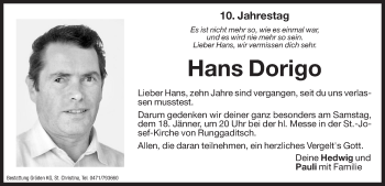 Traueranzeige von Hans Dorigo von Dolomiten