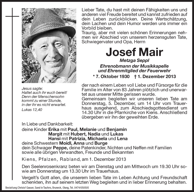  Traueranzeige für Josef Mair vom 03.12.2013 aus Dolomiten