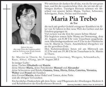 Traueranzeige von Maria Pia Trebo von Dolomiten