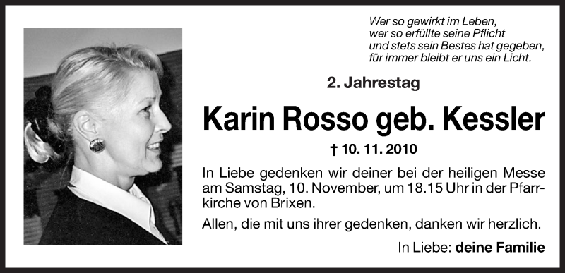  Traueranzeige für Karin Rosso vom 09.11.2012 aus Dolomiten