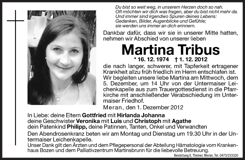  Traueranzeige für Martina Tribus vom 03.12.2012 aus Dolomiten