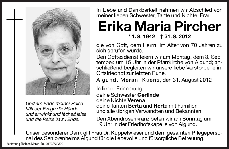  Traueranzeige für Erika Maria Pircher vom 01.09.2012 aus Dolomiten