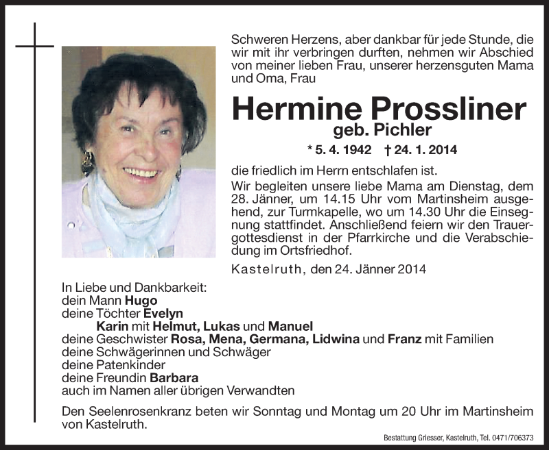  Traueranzeige für Hermine Prossliner vom 25.01.2014 aus Dolomiten