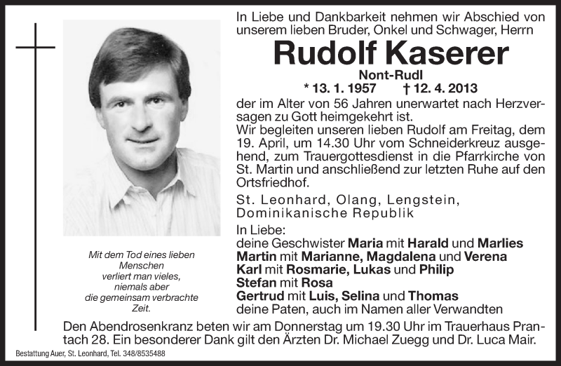  Traueranzeige für Rudolf Kaserer vom 18.04.2013 aus Dolomiten