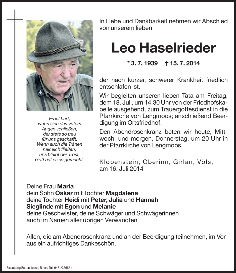  Traueranzeige für Leo Haselrieder vom 16.07.2014 aus Dolomiten