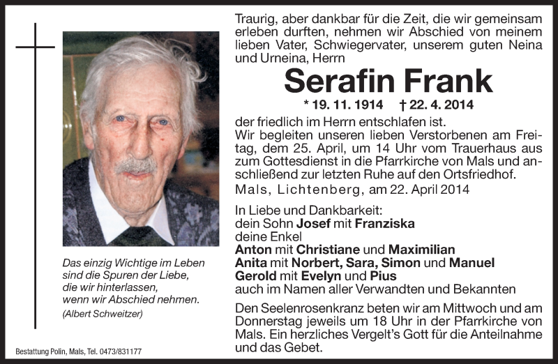  Traueranzeige für Serafin Frank vom 23.04.2014 aus Dolomiten